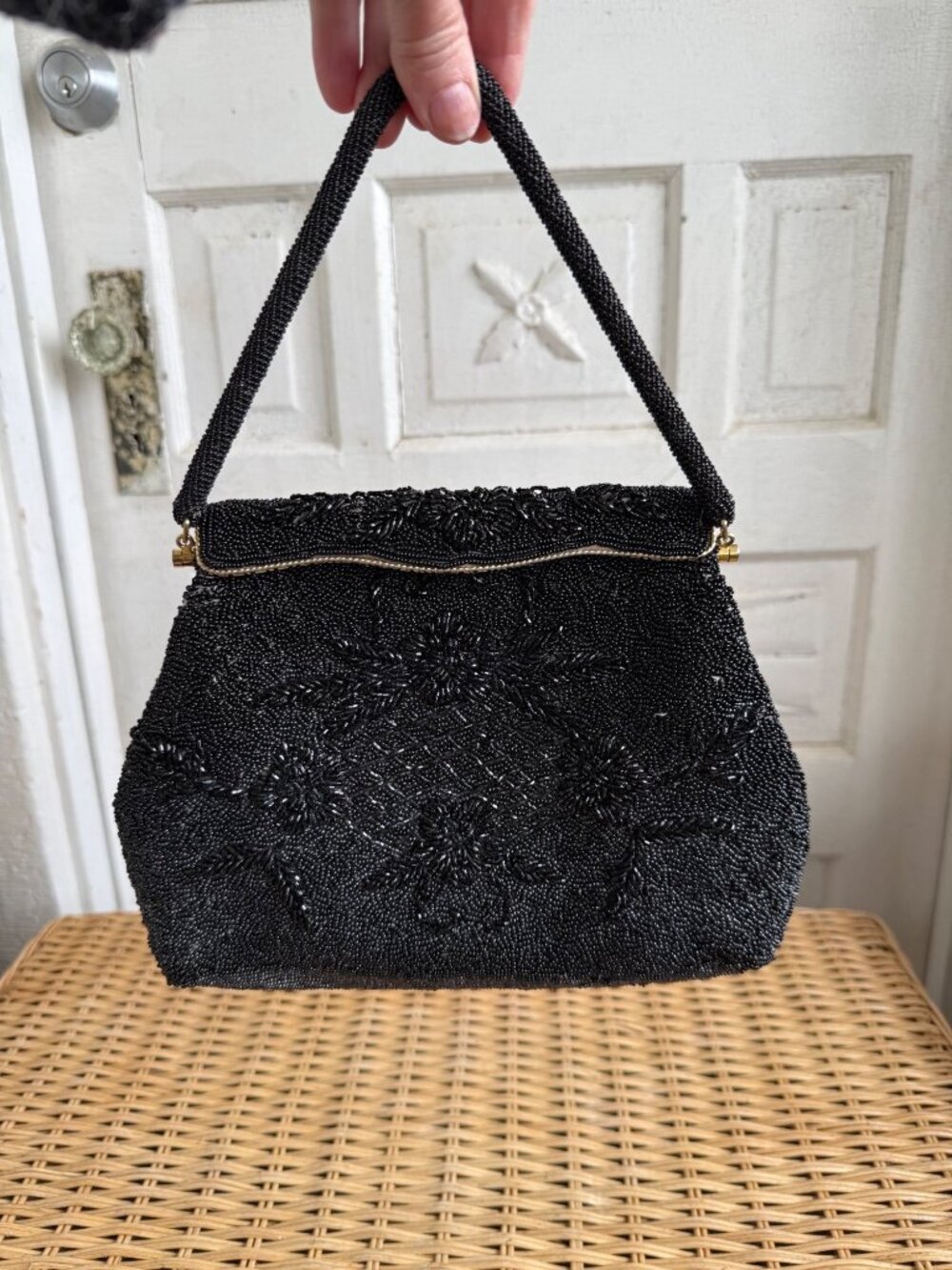 Vintage 1960s Black Glass Floral Seed Beaded Top Handle Formal Purse - Picture 2 of 16